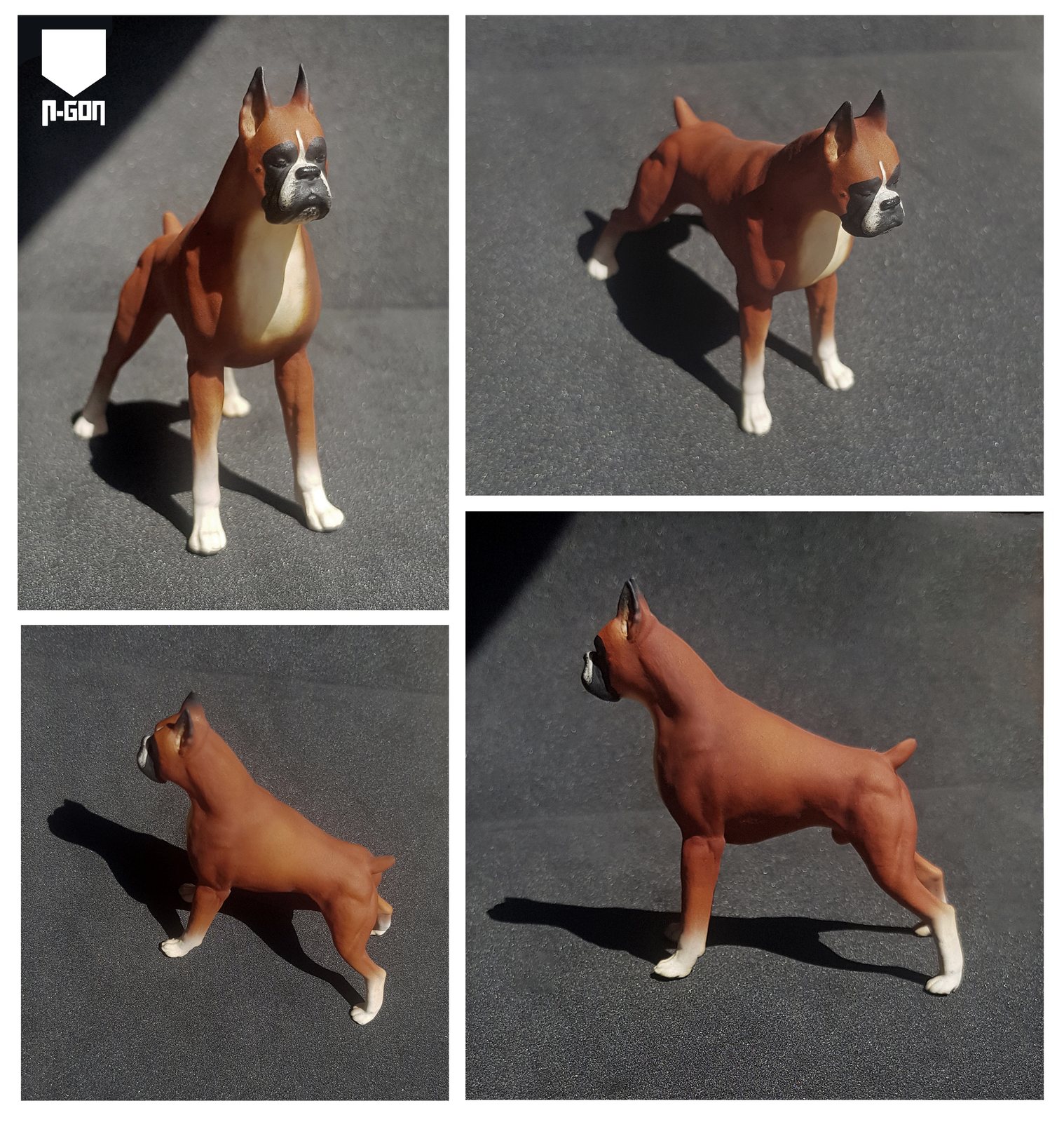 Figura personalizada de mascota impresa en 3D en cuatro vistas