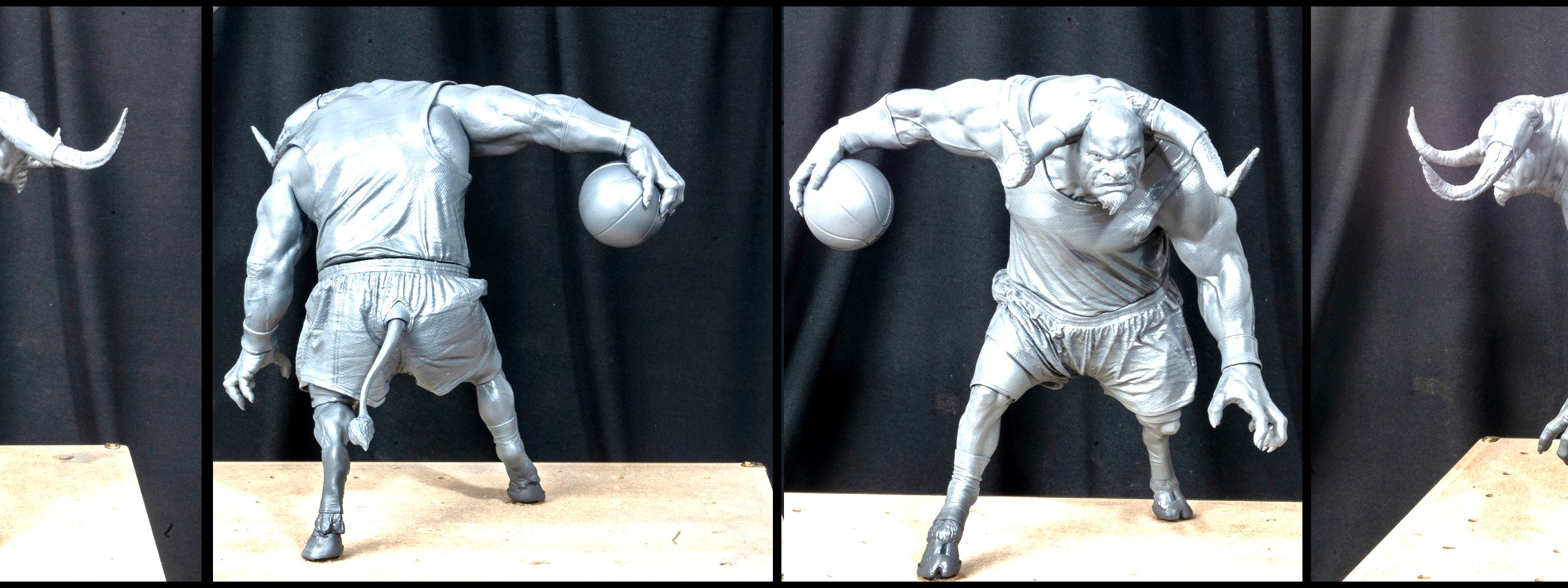 Varias vistas de una figura impresa en 3D en resina antes del pintado