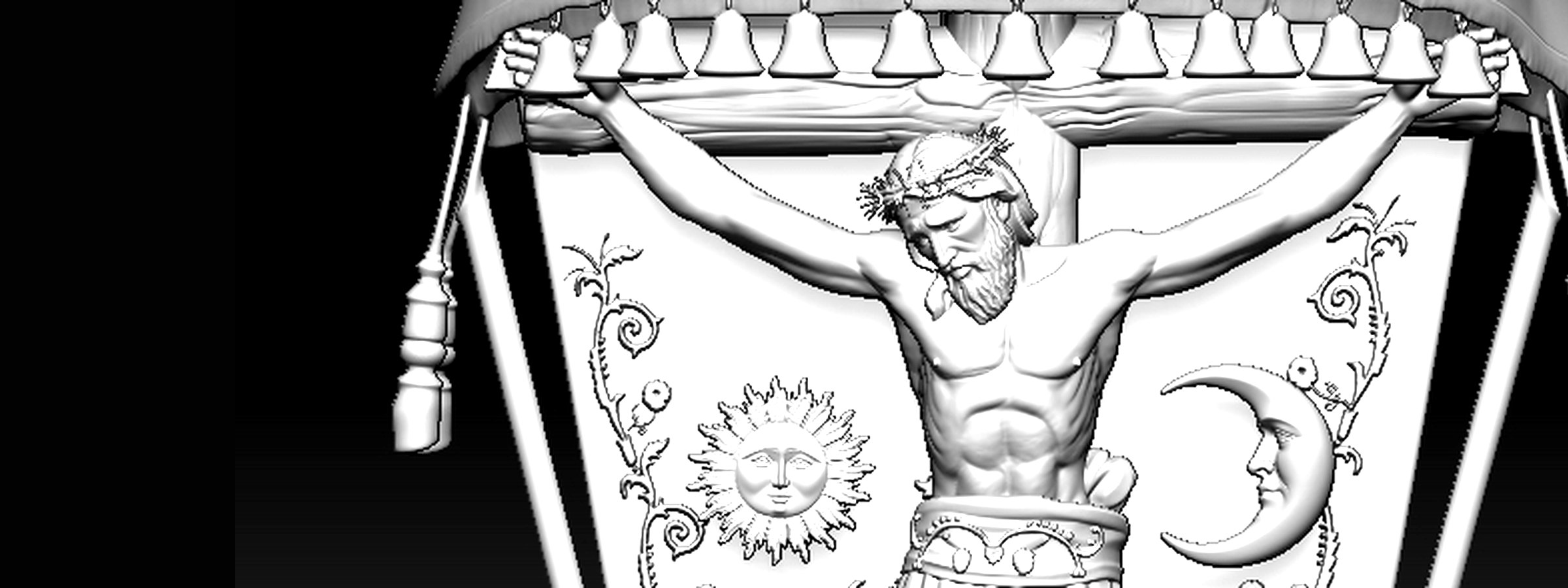 Modelado 3D de un Cristo crucificado para arte sacro, render hecho en ZBrush