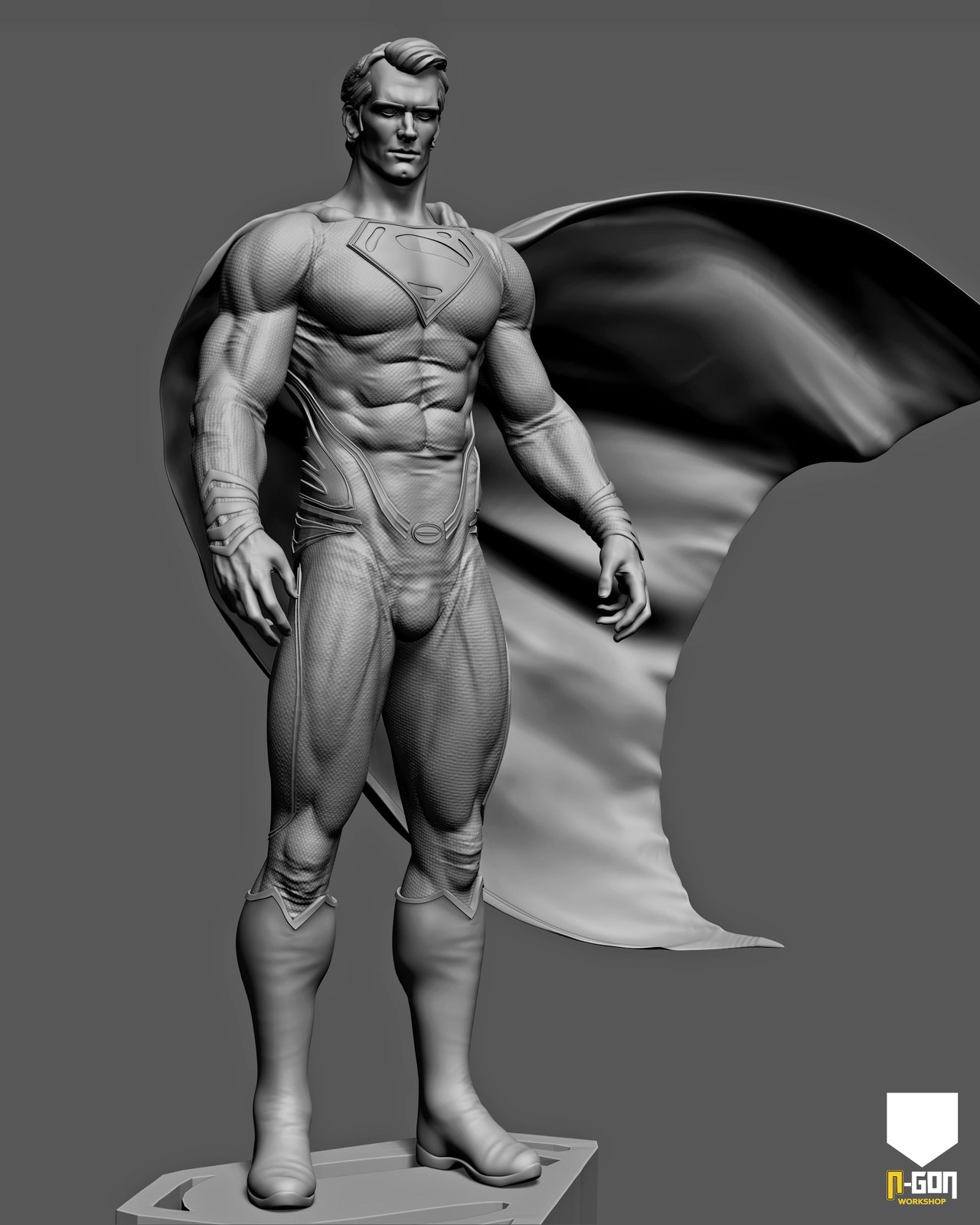 Personaje con capa modelado en 3D, render de estudio