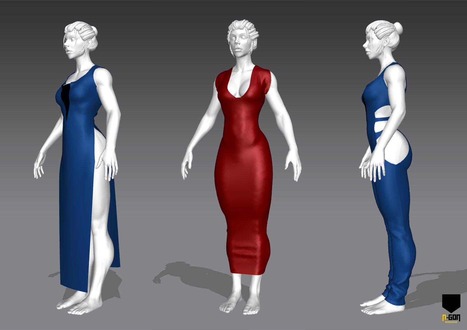 Variantes de vestuario de un personaje modelado en 3D