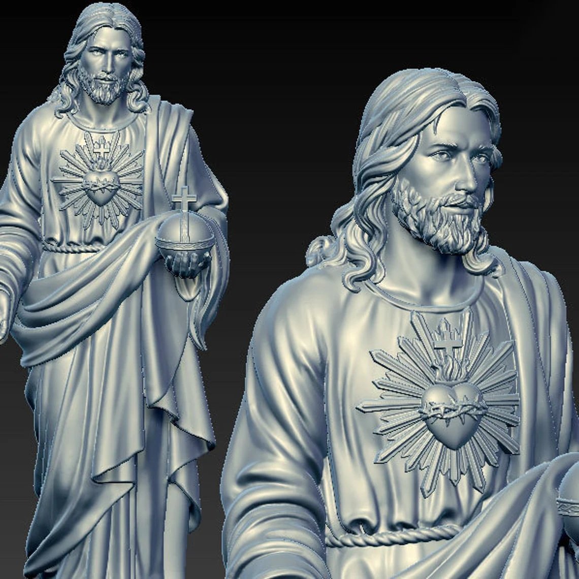 Rostro de Cristo y Sagrado Corazon modelados en 3D, detalle de la anatomia