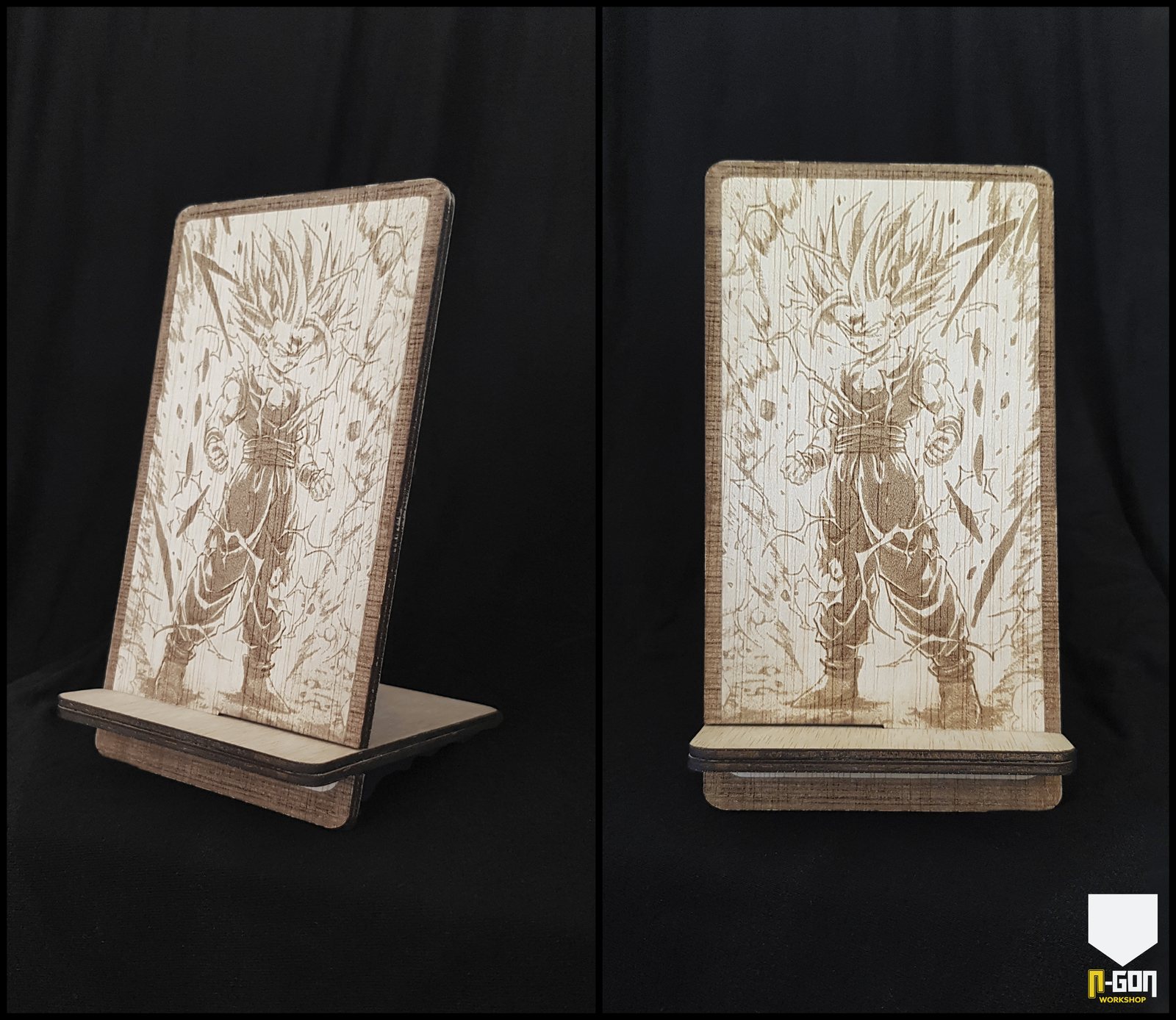 Soporte de móvil de madera con un dibujo grabado a láser